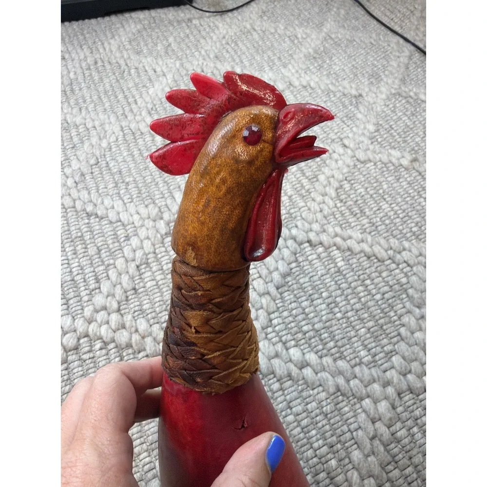 Vintage Italian Leather Rooster Decanter Red Made in Italy MCM Barware